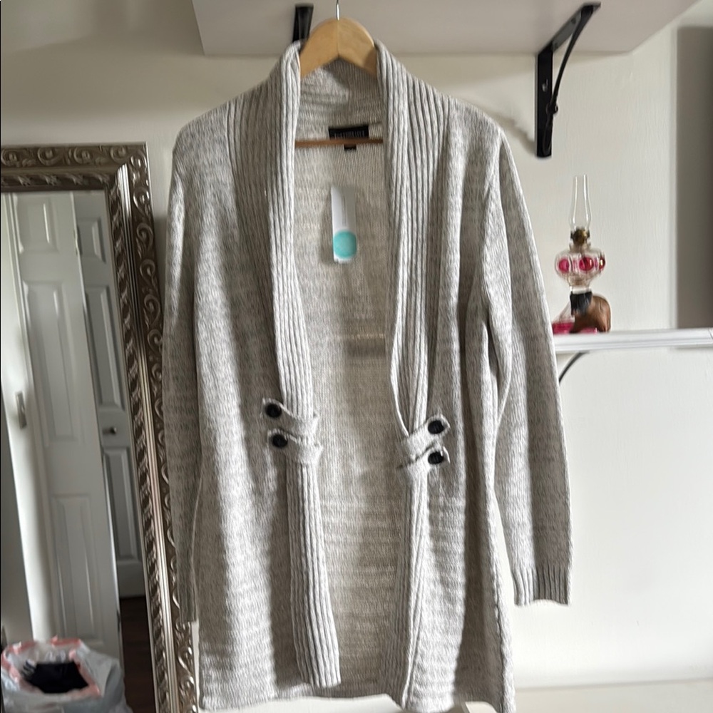 Fortune & Ivy Gray Knit Cardigan Sweater with Shawl Collar Size L